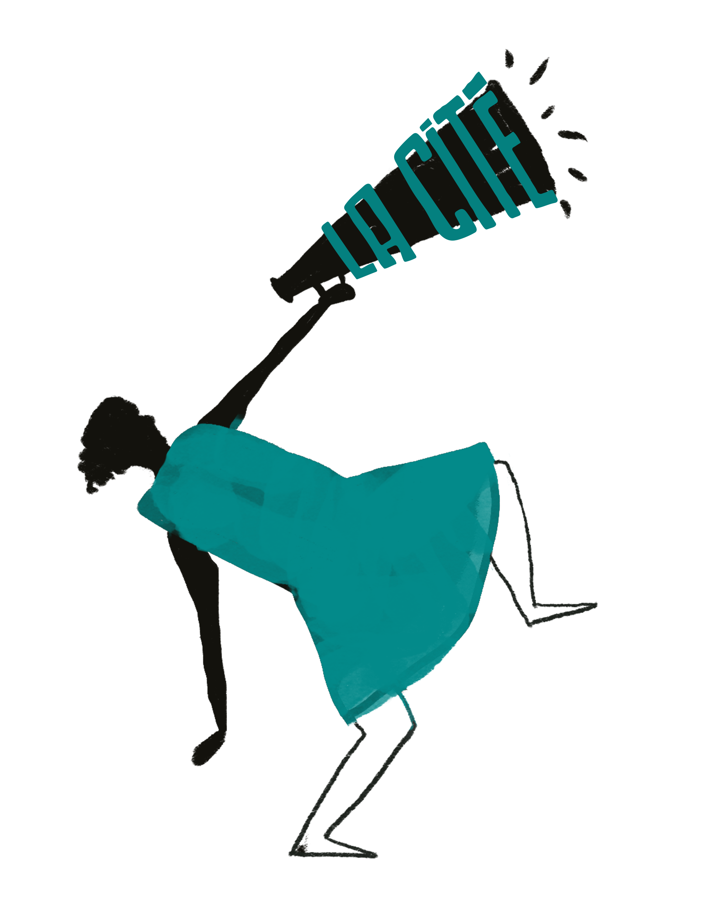 Un personnage dessiné porte une robe bleu truquoise et un mégaphone dans la main gauche.